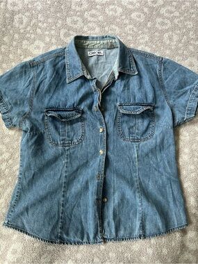 Cherokee Denim Short Sleeve Button-Up Shirt in Blue